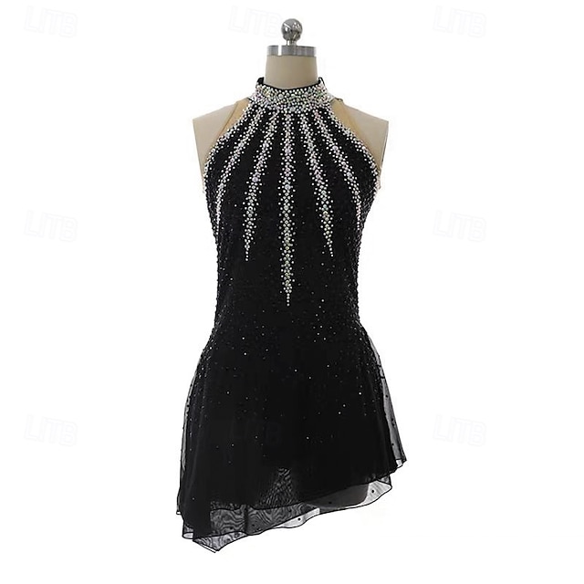 Kunstschaatsjurk Dames Voor meisjes Schaatsen Jurken Zwart Lapwerk Open achterkant Netstof Spandex Rekbaar Opleiding Oefenen Professioneel Kunstschaatskleding Thermisch Warm Kristal / Bergkristal
