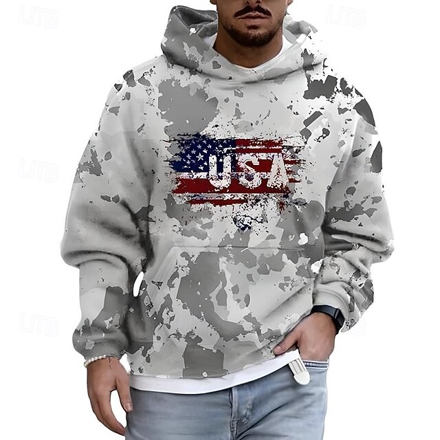 Men's Hoodie Green Light Green Gray Hooded Camo / Camouflage American Flag Front Pocket Daily Holiday Going out Polyester Streetwear Casual Fall Winter Clothing Apparel Hoodies Sweatshirts4