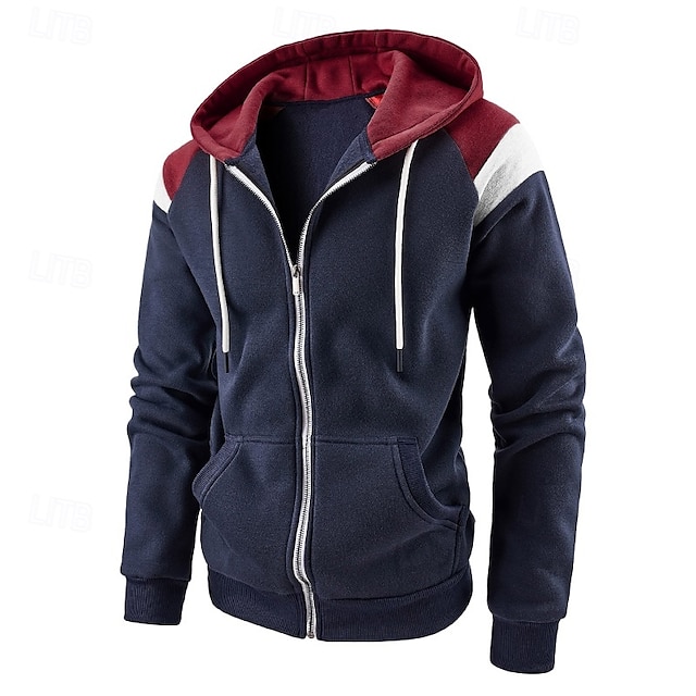  Homens Moletom Full Zip Hoodie Moletom de lã Moletom com capuz forrado de lã Preto Vermelho Azul Marinha Bege Cinzento Com Capuz Tecido Patchwork Bloco de cor Desportos e Ar livre Casual Diário