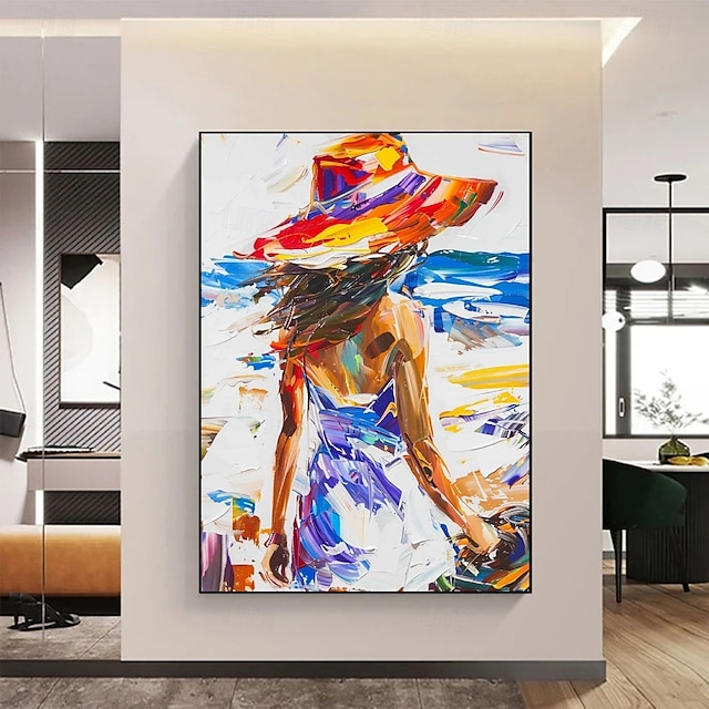  Ritratto dipinto a olio fatto a mano con texture - dipinto di una donna in abito blu con cappello floreale, ragazza con cornice, dipinto di una ragazza costiera, per una casa al mare o per una