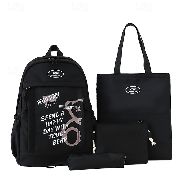  4-teiliges süßes Rucksack-Set für Mädchen mit Teddybär-Aufdruck – Kawaii-Schultasche mit Tragetasche, Federmäppchen und Beuteln für Teenager