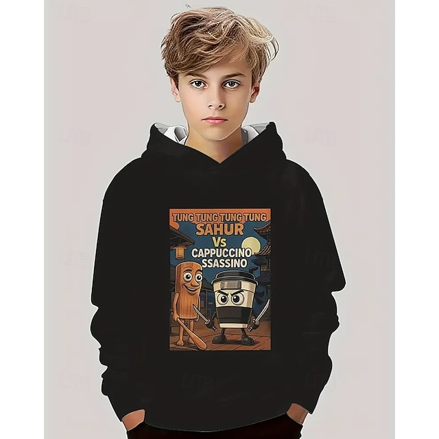 Moletom com capuz masculino de manga comprida com estampa italiana de podridão cerebral, elemento tung tung tung sahur, moda urbana primavera outono, crianças de 4 a 12 anos, com capuz, casual para
