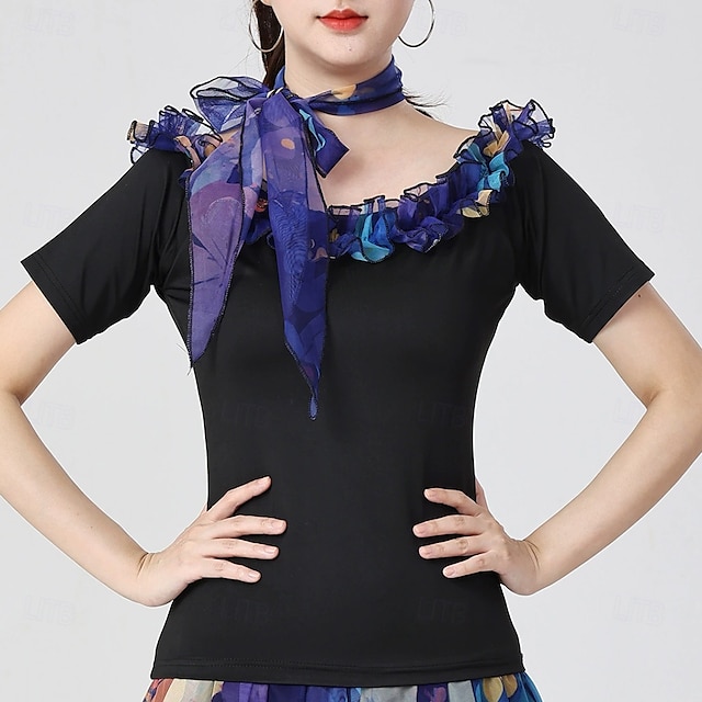  Latinamerikansk dans Topp Tryck Ren Färg Tvinning Dam Prestanda Träning Kortärmad Hög Polyester
