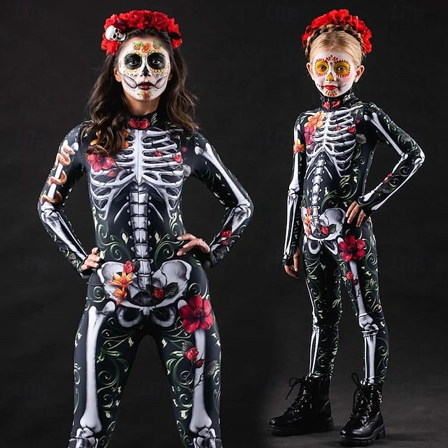  Totenkopf Skelett Zuckerschädel Bodysuit Halloween Gruppen Paarkostüme Ganzkörper Catsuit Gruselkostüm Herren Damen Jungen Kinder Erwachsene Performance Party Club Halloween Karneval Tag der Toten