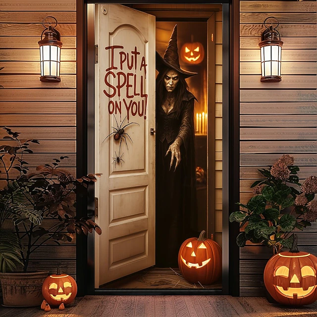 Halloween Door Cover – "I Put a Spell on You" Creepy Door Scene, Haunted House Entrance Banner, Scary Outdoor & Indoor Decoration for 2025 Halloween Bedroom, Living Room, Bathroom4