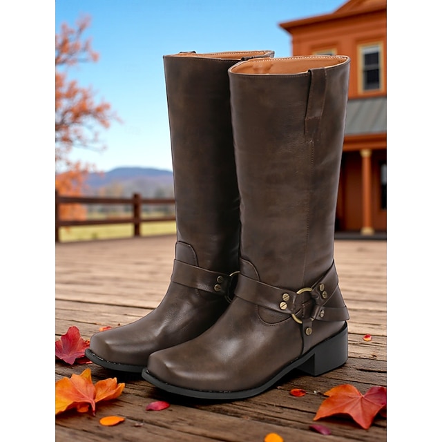 Braune Westernreitstiefel für Damen – Stiefel aus Kunstleder mit quadratischer Zehenpartie und halbhoher Wadenhöhe und Schnallenriemen, lässiger Cowboy-Stil für Herbst-Streetwear und