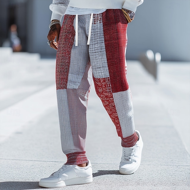  Men's Color Block Patchwork Sweatpants Joggers Trousers Mid Waist Drawstring Elastic Waist Vintage Ethnic Jogging Streetwear Workout Athletic Sweatpants with Pockets Spring Fall 3D Print Red Blue