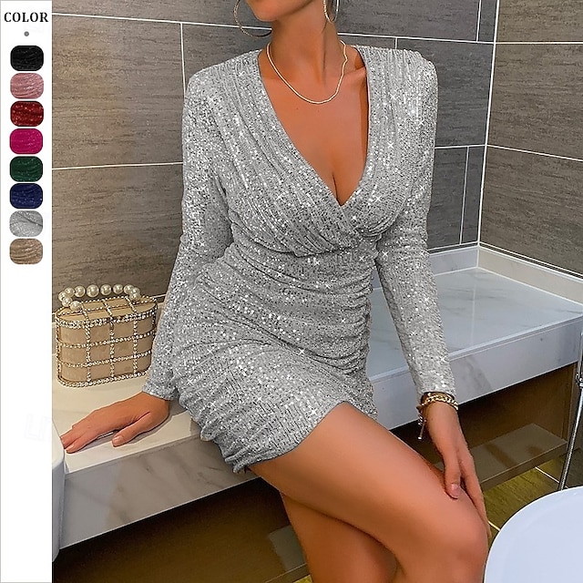  Femmes Mini Robe Robes à paillettes Robe de Cocktail Mode Moderne Soirée Cocktail Coupe régulière Uni manche longue Col en V Argent Noir Champagne Rose Claire Printemps Automne