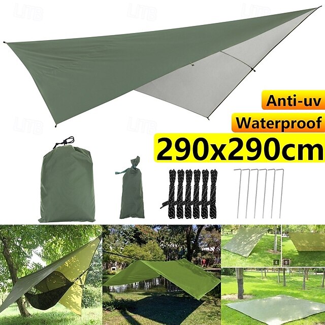  lona de rede de acampamento impermeável e versátil - 114x114 guarda-sol com sobrecapa de chuva &abrigo para mochileiros com cabos de sustentação &estacas - perfeitas para aventuras ao ar livre