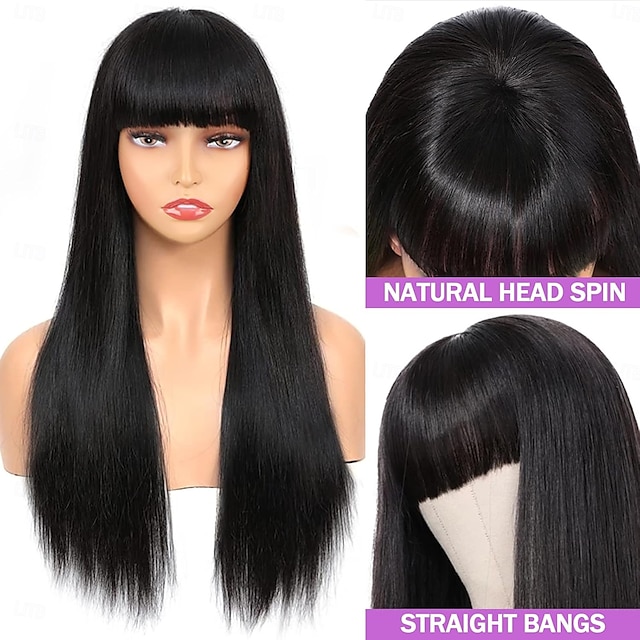  Parrucche di capelli umani lisci con frangia, vergini brasiliane, senza pizzo frontale, parrucche fatte a macchina senza colla per donne nere, colore naturale
