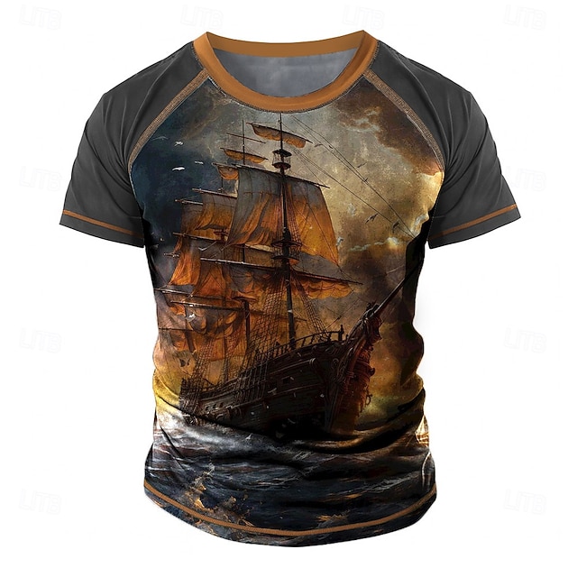  Homens Navio Barco camiseta raglã Manga Curta Camiseta Impressão 3D Gola Redonda Camisa Retro Vintage Vintage retrô Rua Casual Diário Marron Verde Todas as Estações Roupa S M L XL XXL XXXL