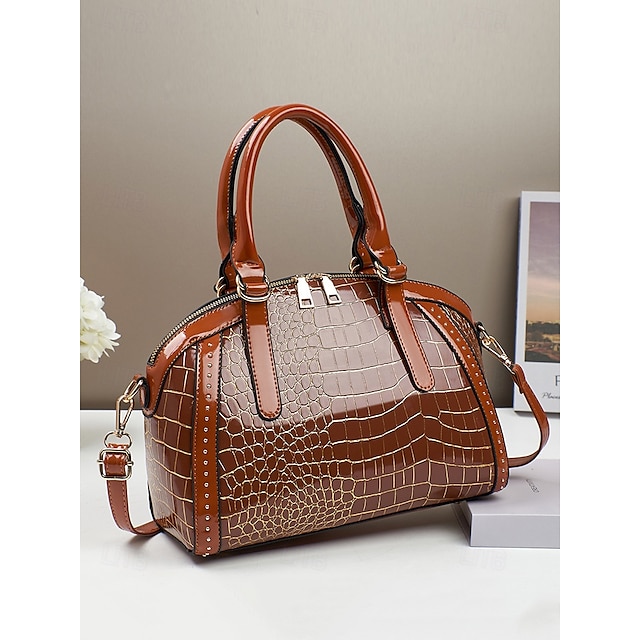  Bolso de mano para mujer de piel sintética con estampado de cocodrilo: un bolso tipo cartera brillante con asas superiores y correa para el hombro, ideal para la oficina, el uso diario y salidas formales.