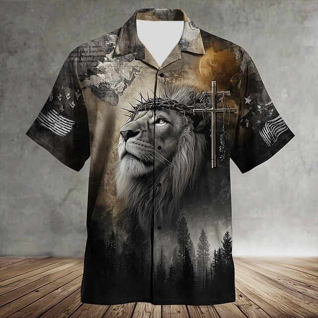 Men's Animal Lion Templar Cross Shirt Cuban Collar Shirt Button Up Shirt Short Sleeve Vintage Retro Vacation Holiday Streetwear Summer Camp Collar Shirt 3D Print Black4