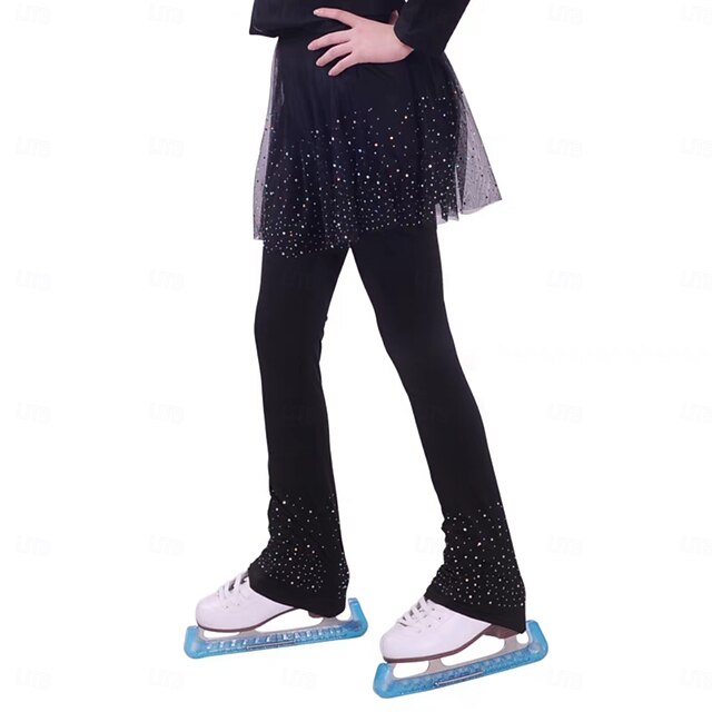 Over The Boot Figure Skating Tights Figure Skating Pants Women's Girls' Ice Skating Tights Bottoms Black Patchwork Mesh Spandex Stretchy Training Practice Professional Skating Wear Thermal Warm3