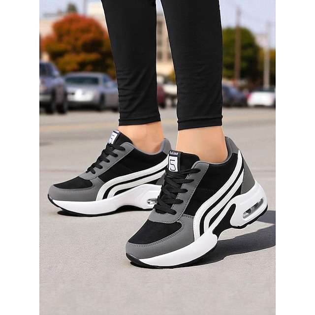  Schwarze und graue klobige Laufsneaker für Damen – atmungsaktive Mesh-Schnürschuhe, lässige, sportliche Wanderschuhe fürs Fitnessstudio, Reisen und den Alltag