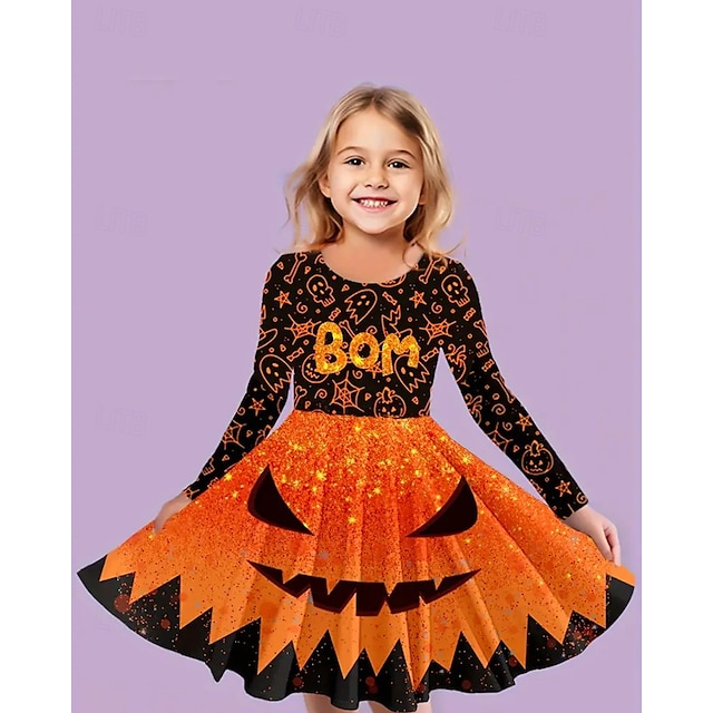 Halloween Flickor 3D Spöke Klänning Långärmad Sommar Vår Semester Dagligen Helgdag Prinsessa Skön Ljuv Barn 4-12 år Vardagsklänning A linjeklänning Knälång Normal