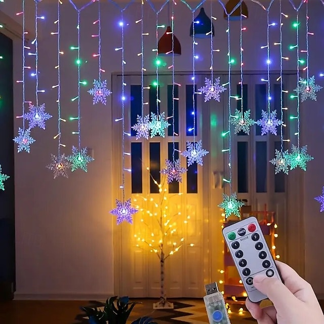  Rideau lumineux flocon de neige glaçon 4 m 90 LED avec alimentation USB et 18 flocons de neige acryliques, 8 modes, télécommande, décoration de Noël, 1 x