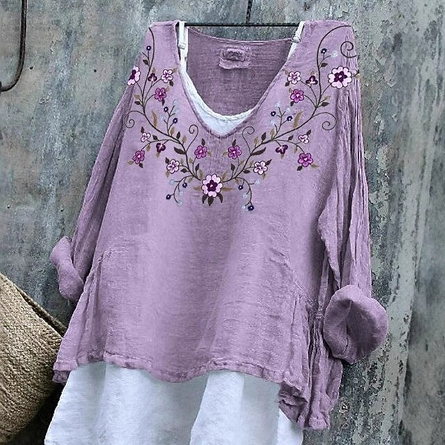 Women's T Shirt Tee Top Floral Fashion Modern Long Sleeve V Neck Regular Tops Daily Going out Print Purple Beige Spring Fall4