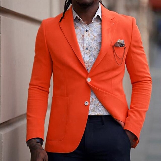 Men's Graduation Blazer Business Cocktail Party Wedding Party Fashion Casual Spring Fall Polyester Plain Pocket Buttons Comfortable Single Breasted Blazer Orange Light Blue4