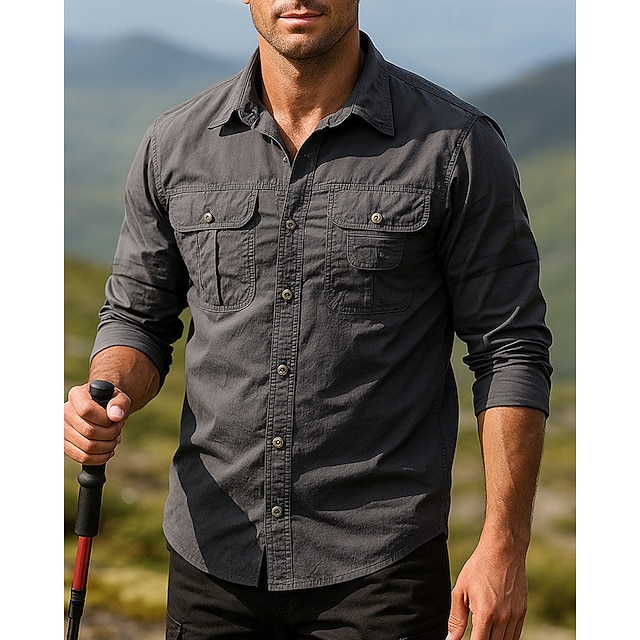  Per uomo camicia cargo cima dell'escursionismo Camicia con maniche staccabili tramite cerniera Manica Lunga Collo ripiegato Top Esterno Asciugatura Rapida Misto Cotone Grigio Viaggio Corsa