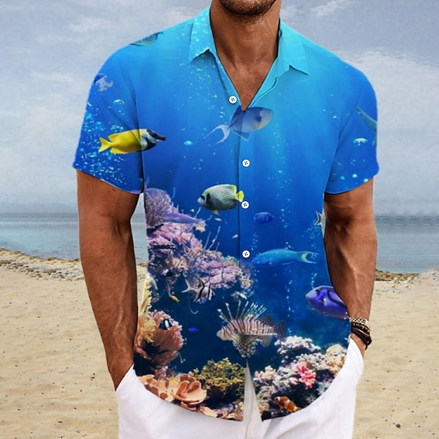  Herren Blumen Zitronengelb Fische Hemd Hawaiihemd Sommerhemd Aloha-Shirt Kurze Ärmel Hemd Umlegekragen Modisch Strassenmode Designer Outdoor Strasse Casual Gelb Rosa Blau S M L