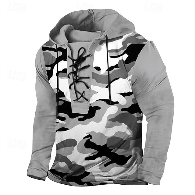 Men's Hoodie Green Gray Hooded Camouflage Lace up Patchwork Sports & Outdoor Daily Holiday Polyester Streetwear Basic Casual Spring Fall Clothing Apparel Hoodies Sweatshirts3