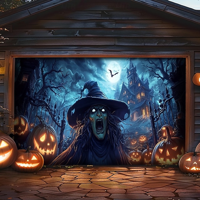  Halloween-autotallin oven peite – Noita kurpitsoilla ja lepakoilla ulko decor 2025 Halloweenin kotipihalle