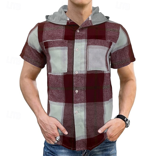  Per uomo Camicia Camicia Estiva Camicia casual Camicia da Spiaggia Camicia con Bottoni Rosso Blu Marrone Verde Manica Corta Plaid Con Cappuccio Vacanza Camicia hawaiana Tasca Abbigliamento Poliestere