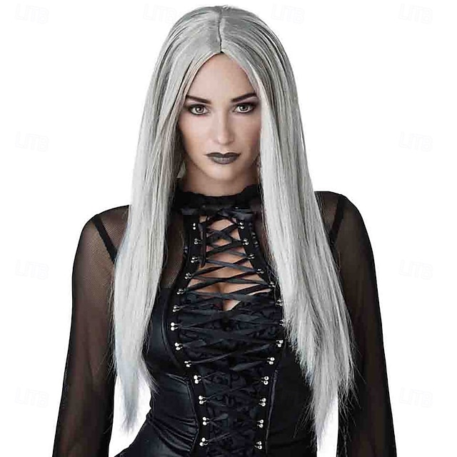  Gotisk matriark lang grå halloweenparykk for kvinner – dramatisk gotisk hårstykke, perfekt for kostymefester &fotoshoots