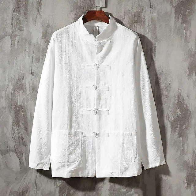  Per uomo Camicia Camicia di lino Camicia con colletto cinese Camicia con colletto alla coreana Camicia casual Camicia di cotone Semplice Vacanza Camicia hawaiana Nero Bianco Blu marino Beige Manica