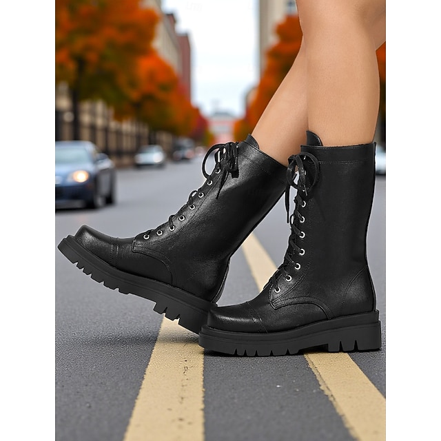  Bottes de combat à lacets en similicuir noir pour femme – Bottes mi-mollet style militaire à semelle épaisse pour l'automne et l'hiver, style streetwear, sorties décontractées, mode urbaine