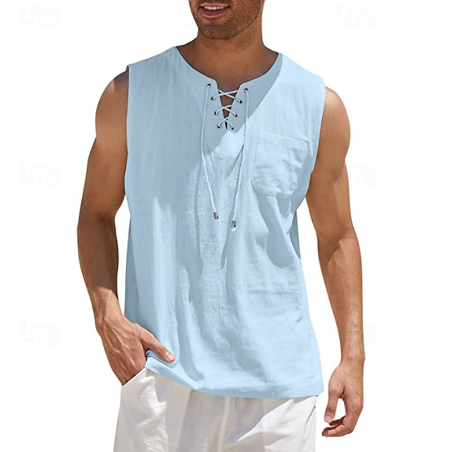  Per uomo Camicia Camicia di lino Camicia popover Camicia Estiva Abbigliamento da spiaggia Maglietta senza maniche Tinta unica Vacanza Streetwear Nero Bianco Blu marino Azzurro cielo Senza Maniche