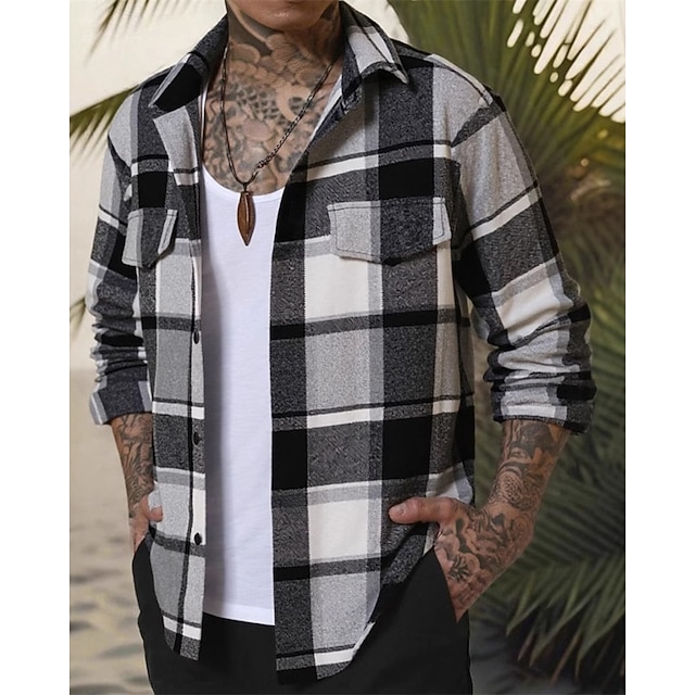  Hombre Chaqueta ligera Chaqueta de camisa Chaqueta casual Chaquetón Vacaciones Diario Transpirable Bolsillo Primavera Otoño Plaid Moda Clásico Diseño Regular Verde Trébol Caqui Gris Chaquetas