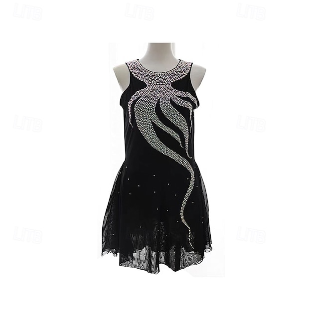  Vestido de patinaje artístico Mujer Chica Patinaje Sobre Hielo Vestidos Negro Retazos Dedo Pulgar Malla Licra Elástico Entrenamiento Profesional Competición Ropa de Patinaje Mantiene abrigado Cristal