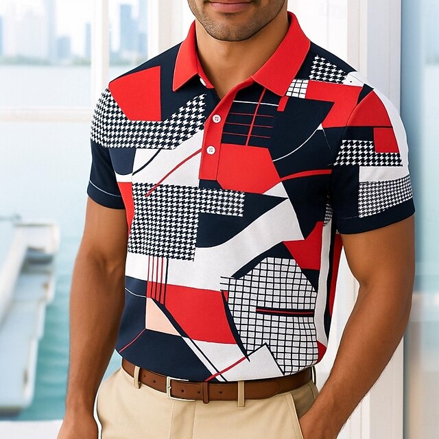 Men's Polo Casual Turndown Short Sleeve Modern Color Block Abstract Buttons Summer All Seasons Regular Fit Red Polo4