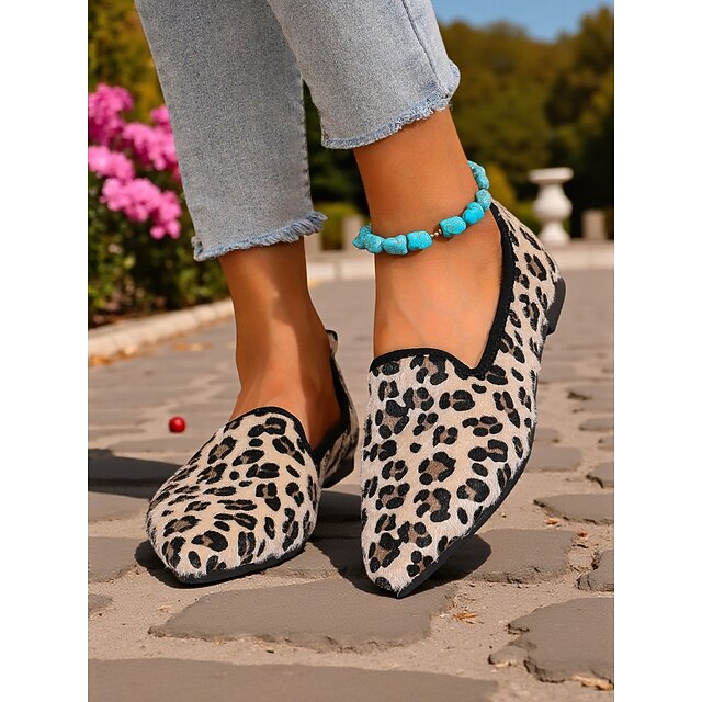 Mocasini pentru femei cu imprimeu leopard - pantofi fără mâneci casual cu imprimeu animal, cu vârful ascuțit, confortabili pentru mersul pe jos, pentru purtare zilnică, plimbări în aer liber și călătorii