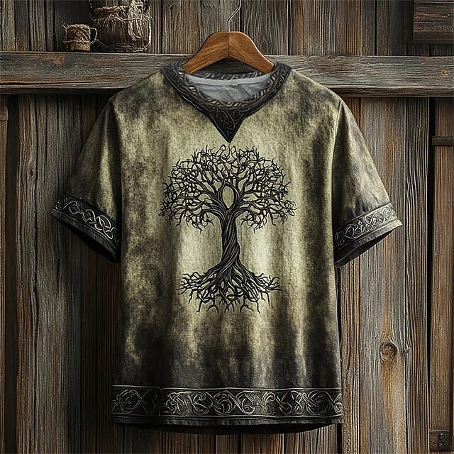 Men's T Shirt Tee Short Sleeve Shirt Tee Top Short Sleeve V Neck Summer Tribal Tree Of Life Yggdrasil Vintage Designer Basic Print Vacation Street Going out Light Green Green Top Tee for Men4