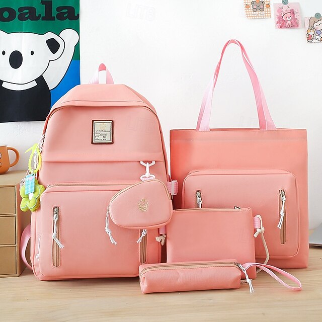  Conjunto de mochilas 5 em 1 de cor sólida para meninas – bolsa escolar azul estilosa com bolsa tote, bolsa transversal, estojo e clutch para estudantes adolescentes e uso no campus