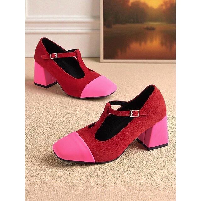  Sapatos Mary Jane femininos de salto alto, estilo francês, vermelho e rosa, com tiras em T - calçados retrô confortáveis para caminhada, ideais para chá da tarde, festas, escritório e uso diário