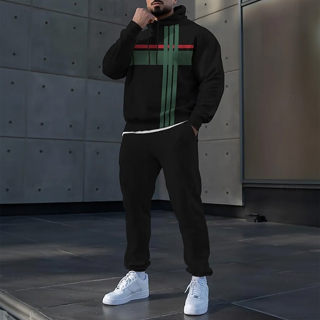  Hombre A Rayas 2 piezas Conjuntos de sudaderas 3D Chándal Sudadera con capucha Manga Larga Pantalones largos Con Capucha Casual / Diario Ropa Deportiva Impresión 3D Primavera Otoño Invierno Negro