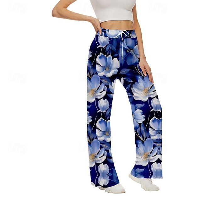 Women's Wide Leg Slacks Streetwear Casual Full Length Natural Flower Print Elastic Drawstring Design Soft Street Holiday Weekend Navy Fall Regular Fit4