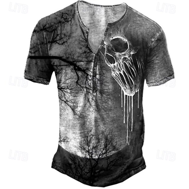 Men's Halloween Skull Cool Skulls T Shirt Henley Shirt Short Sleeve Sports Fashion Designer Outdoor Street Daily Summer Dark Gray Henley Henley T-Shirt2