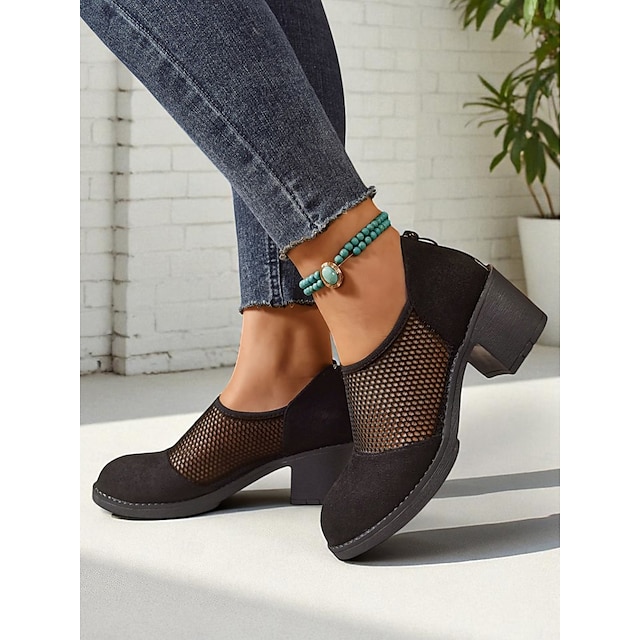  Chaussures à talons épais en maille noire pour femmes – Escarpins respirants de style vintage pour le bureau, les garden-parties et les looks décontractés élégants