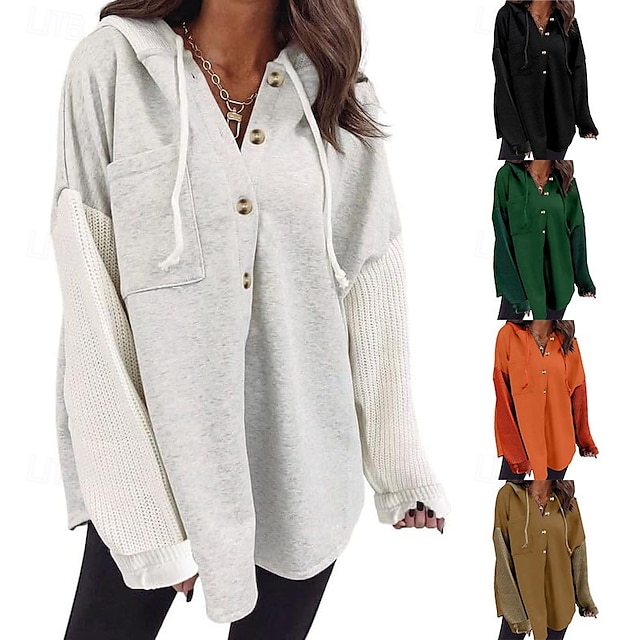  Mulheres Pulôver Moletom Com Capuz Tecido Casual Manga Longa Com Capuz Tops regulares Rua Dia a Dia Bolsos Botões Preto Laranja Verde cáqui Cinzento Outono Inverno