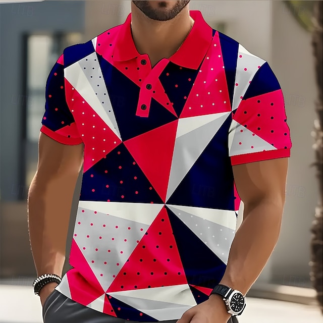  Homme Formes Géométriques Abstrait Polo Manche Courte Polos Chemises à Col Occasionnel Rue Athleisure Tenue quotidienne Boutons Été Rouge Bleu Vert