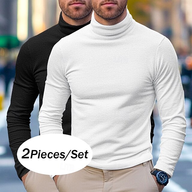  T-shirt à manches longues pour homme, 2 pièces, col roulé, manches longues, blanc, noir, col pile, automne, hiver, printemps, automne, couleur unie, uni, quotidien, décontracté, style urbain, 2