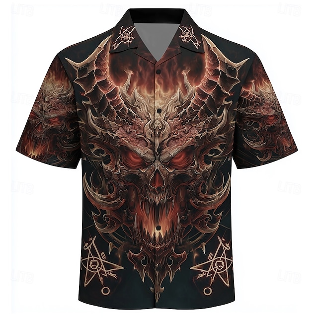  Men's Devil Flame Shirt Cuban Collar Shirt Button Up Shirt Short Sleeve Dark Punk Gothic Style Vacation Holiday Streetwear Summer Camp Collar Shirt 3D Print Black 1 Black Black 2