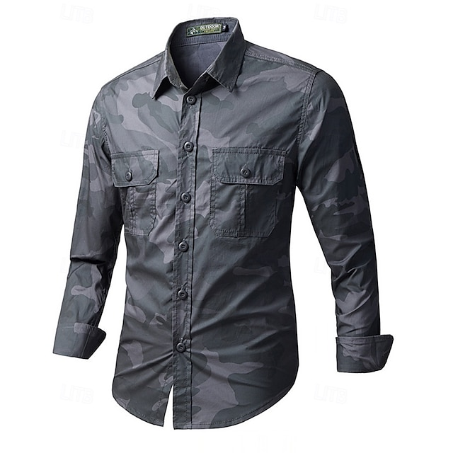 Hombre camisa cargo Camisa de camuflaje Manga Larga Cuello Vuelto Camiseta Al aire libre Transpirable Algodón camuflaje Verde Caqui Gris Tenis Golf Corriendo