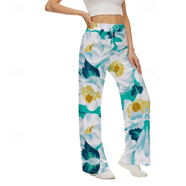 Women's Wide Leg Slacks Streetwear Casual Full Length Natural Flower Print Elastic Drawstring Design Soft Street Holiday Weekend Green Fall Regular Fit4