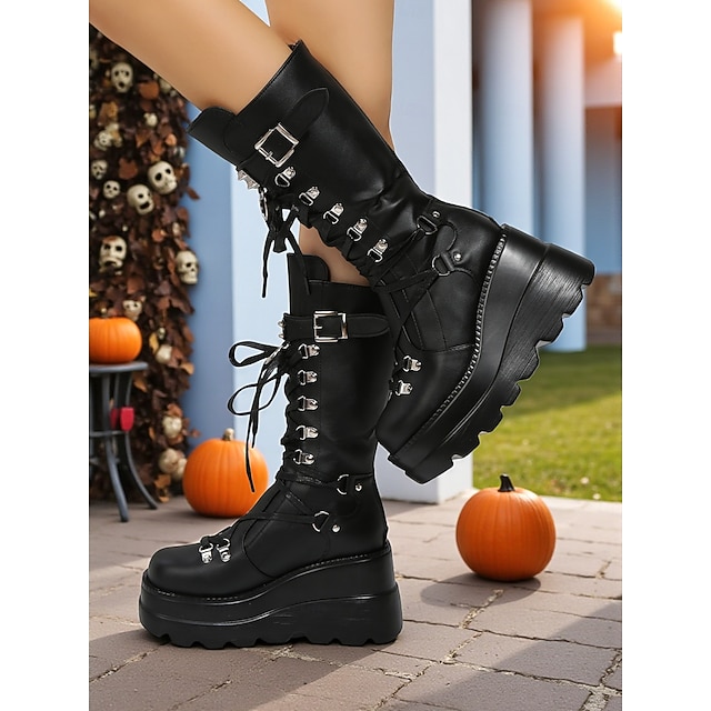  Damskie gotyckie punkowe buty na platformie do kolan – czarne, sznurowane buty bojowe z klamrą i ćwiekami, idealne na Halloween, cosplay i wieczorne wyjścia